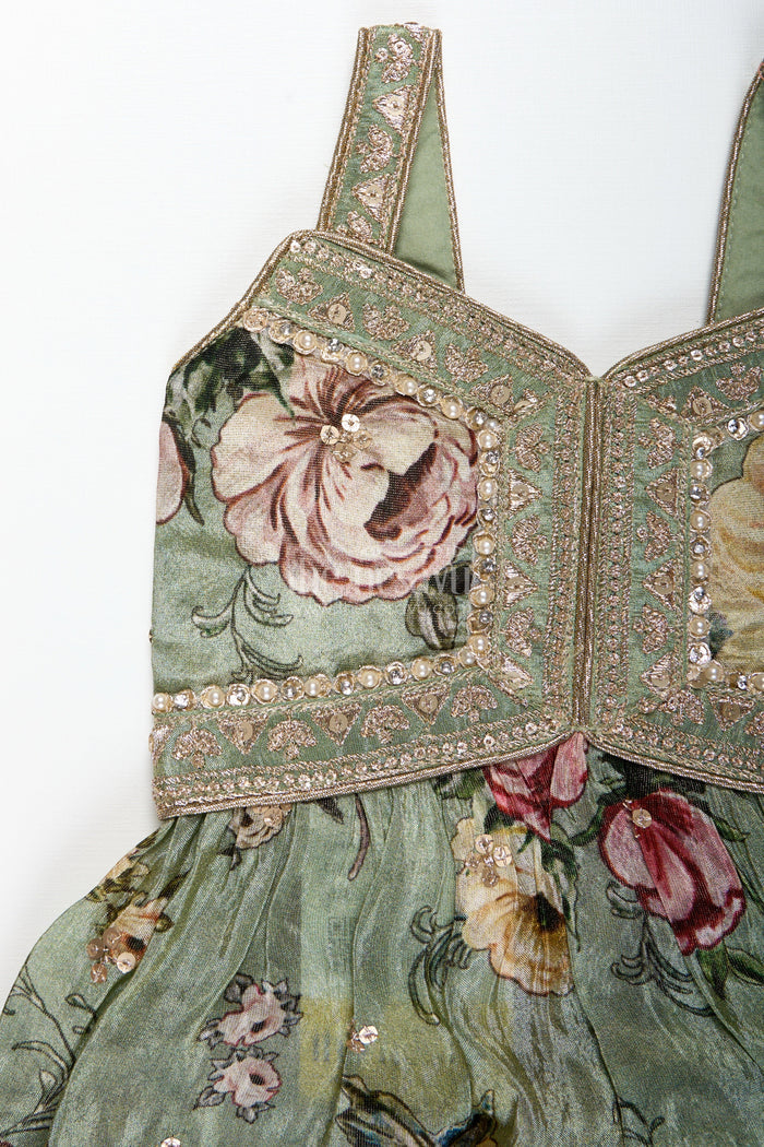 The Nesavu Girls Sharara / Plazo Set Green Floral Sharara Set Viscose Silk with Vibrant Floral Embroidery Nesavu Nesavu Green Floral Sharara Set Embroidered Yoke Dupatta Festive Occasions