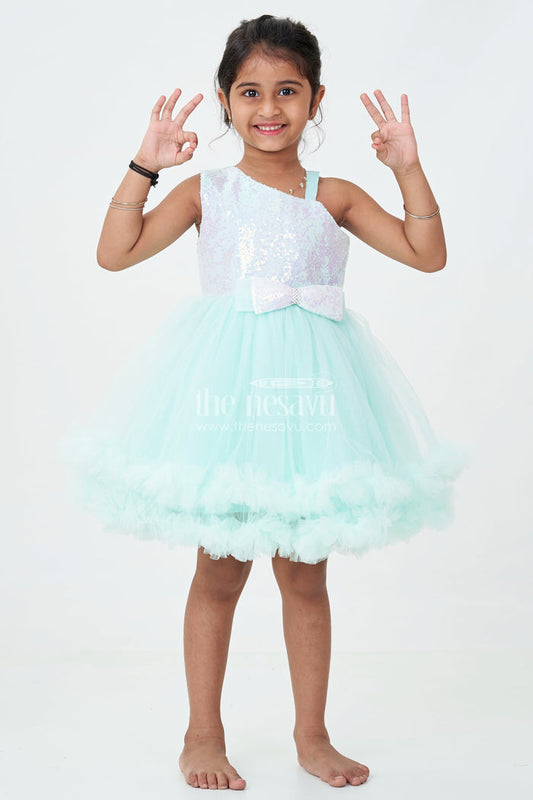 The Nesavu Girls Fancy Party Frock Green Party Dress Short for Girls in Net with Sparkle Yoke and Elegant Tulle Ruffle Skirt Nesavu Green Party Dress Short Girls Sequin Yoke Layered Net Skirt | The Nesavu