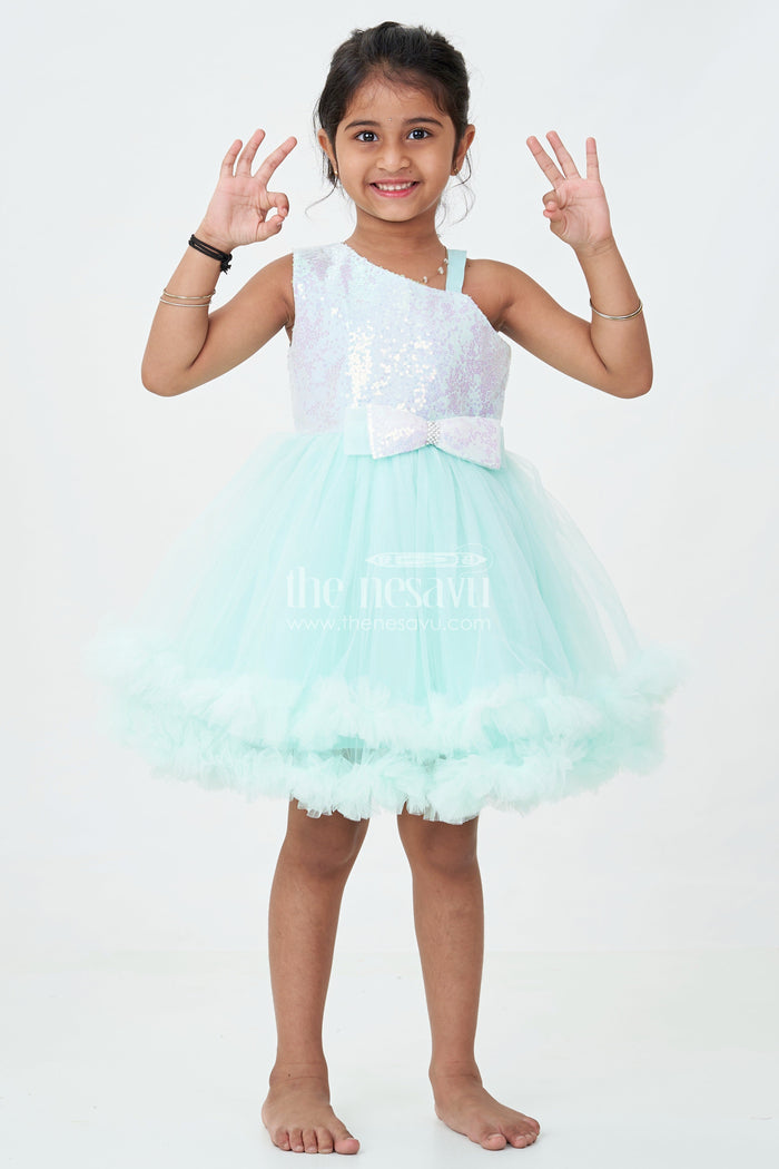 The Nesavu Girls Fancy Party Frock Green Party Dress Short for Girls in Net with Sparkle Yoke and Elegant Tulle Ruffle Skirt Nesavu 16 (1Y) / Green PF219B-16 Green Party Dress Short Girls Sequin Yoke Layered Net Skirt | The Nesavu