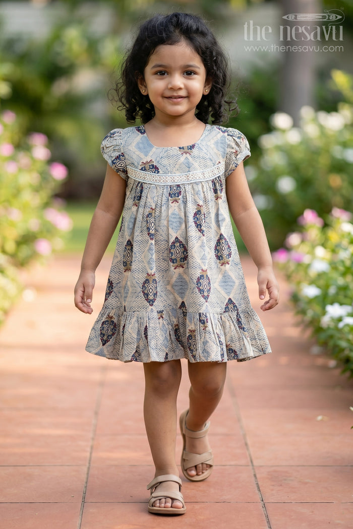The Nesavu Girls Cotton Frock Green Printed Cotton Frock for Girls Nesavu 16 (1Y) / Blue GFC1337B-16 Green Printed Cotton Frock for Girls - Cute & Comfortable | The Nesavu