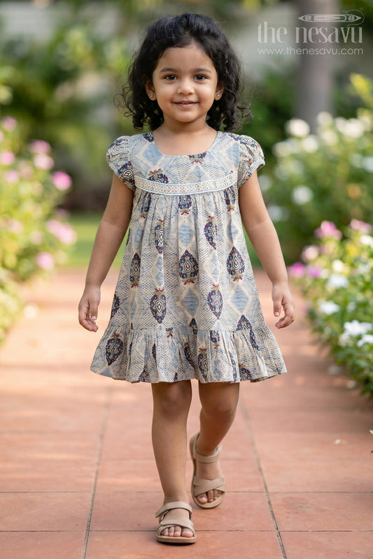 The Nesavu Girls Cotton Frock Green Printed Cotton Frock for Girls Nesavu 16 (1Y) / Blue GFC1337B-16 Green Printed Cotton Frock for Girls - Cute & Comfortable | The Nesavu