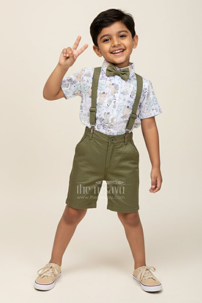 The Nesavu Boys Casual Set Green Shirt and Shorts Set for Boys in Cotton with Nature-Themed Animal Print and Olive Green Bottoms Nesavu 12 (3M) / Green BCS319B-12 Nesavu Green Shirt Shorts Set Boys Forest Animal Digital Print Olive Suspenders