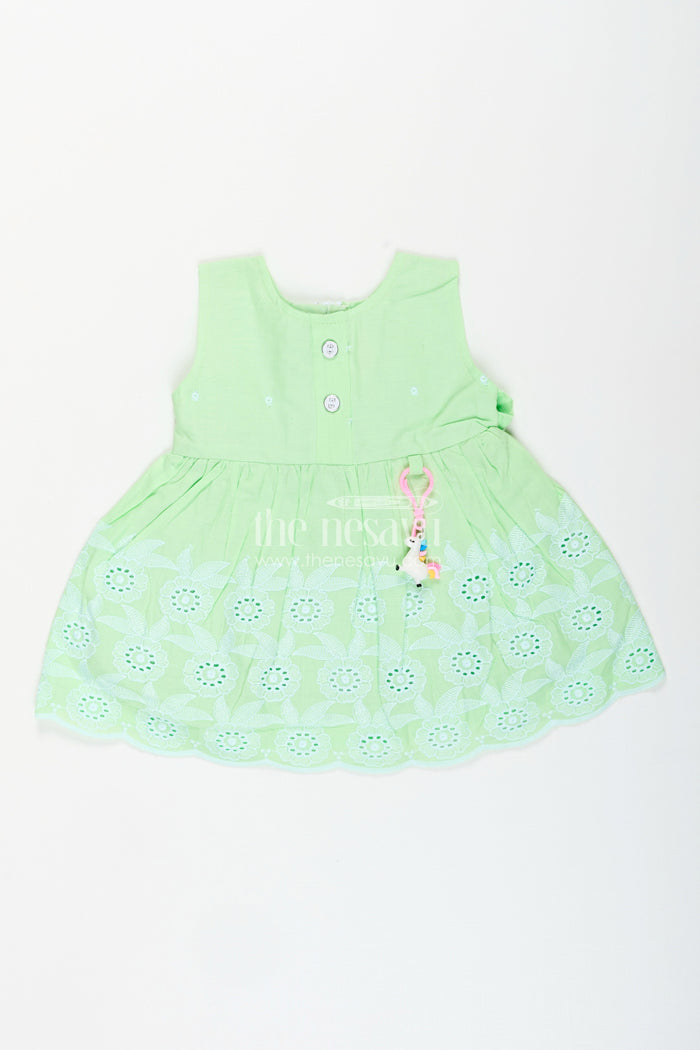 The Nesavu Baby Cotton Frocks Green sleeveless frock for baby girls with floral embroidery Nesavu 14 (6M) / Green BFJ857A-14 Nesavu green sleeveless frock for baby girls with embroidered hem for summer outings