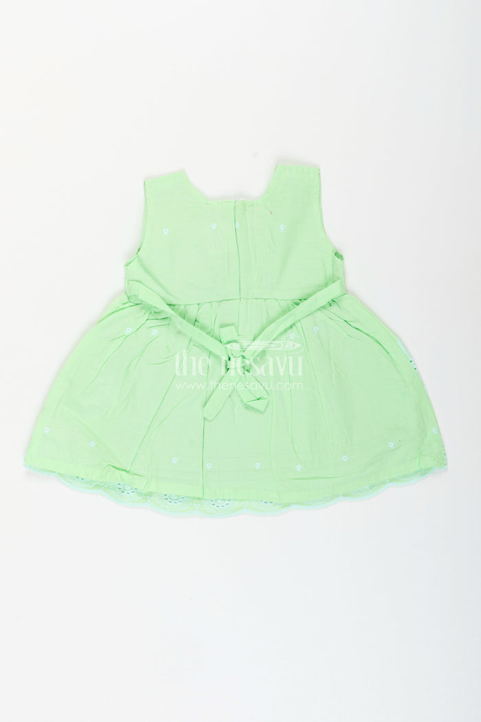 The Nesavu Baby Cotton Frocks Green sleeveless frock for baby girls with floral embroidery Nesavu 16 (1Y) / Green BFJ857A-16 Nesavu green sleeveless frock for baby girls with embroidered hem for summer outings