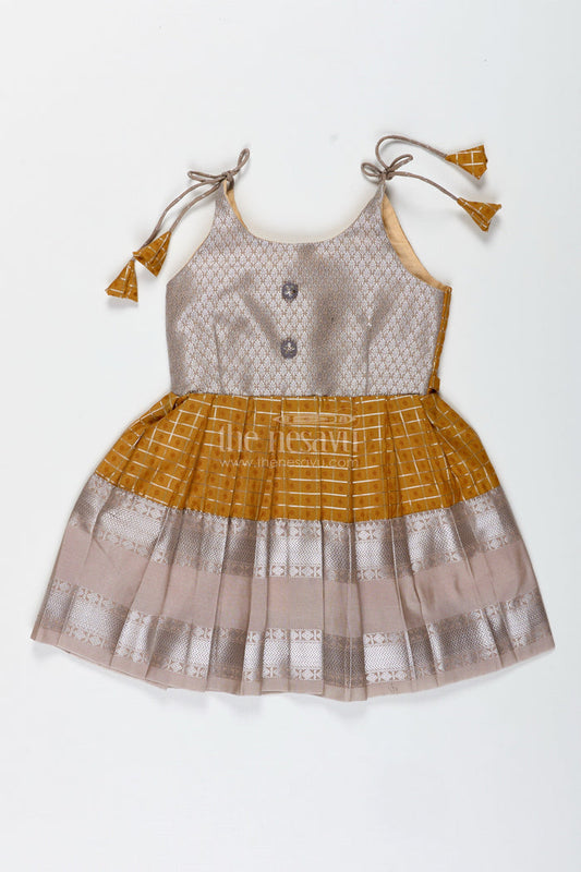 The Nesavu Tie-up Frock Grey and Mustard Tie-Up Frock for Baby Girls Semi Silk Dress for Festive Moments Nesavu 14 (6M) / Gray / Style 1 SF1001BA-14 Nesavu Grey And Mustard Semi Silk Frock For Baby Girls Ethnic Tie-Up Dress With Golden Borders