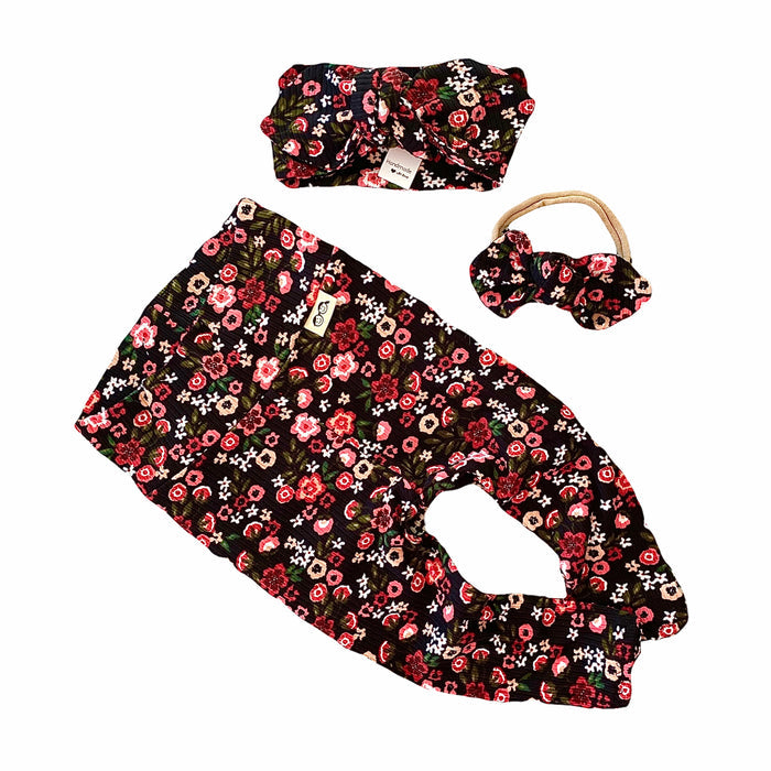 Groovy Dainty Florals on Black Rib Leggings and/or Headbands