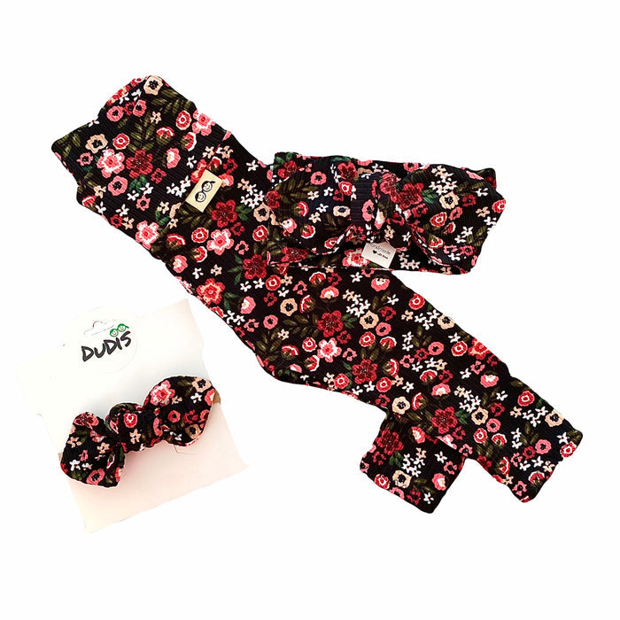 Groovy Dainty Florals on Black Rib Leggings and/or Headbands