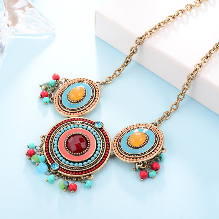 Hair ornament headwear alloy Tibetan Necklace ethnic style fresh gold-plated oil drop color glaze set Pendant Silver Gold Red Green