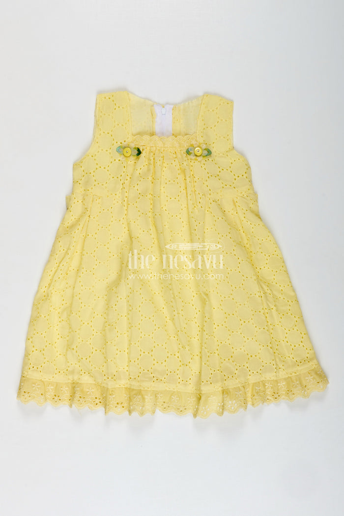 The Nesavu Girls Cotton Frock Hakoba Cotton Frock for Girls Lightweight Summer Dress Nesavu 18 (2Y) / Yellow GFC1843A-18 Nesavu Lightweight Yellow Cotton Hakoba Frock Girls Eyelet Embroidery Sleeveless Design