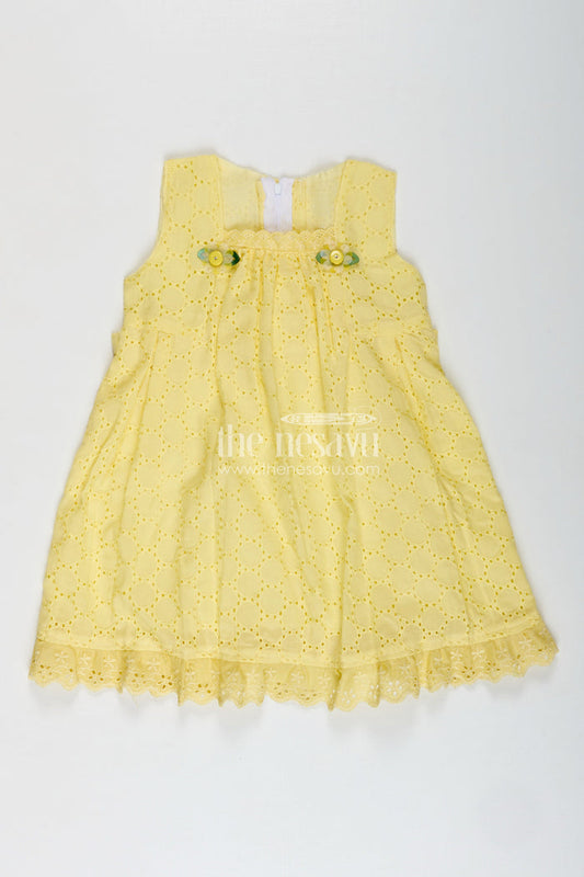 The Nesavu Girls Cotton Frock Hakoba Cotton Frock for Girls Lightweight Summer Dress Nesavu 18 (2Y) / Yellow GFC1843A-18 Nesavu Lightweight Yellow Cotton Hakoba Frock Girls Eyelet Embroidery Sleeveless Design