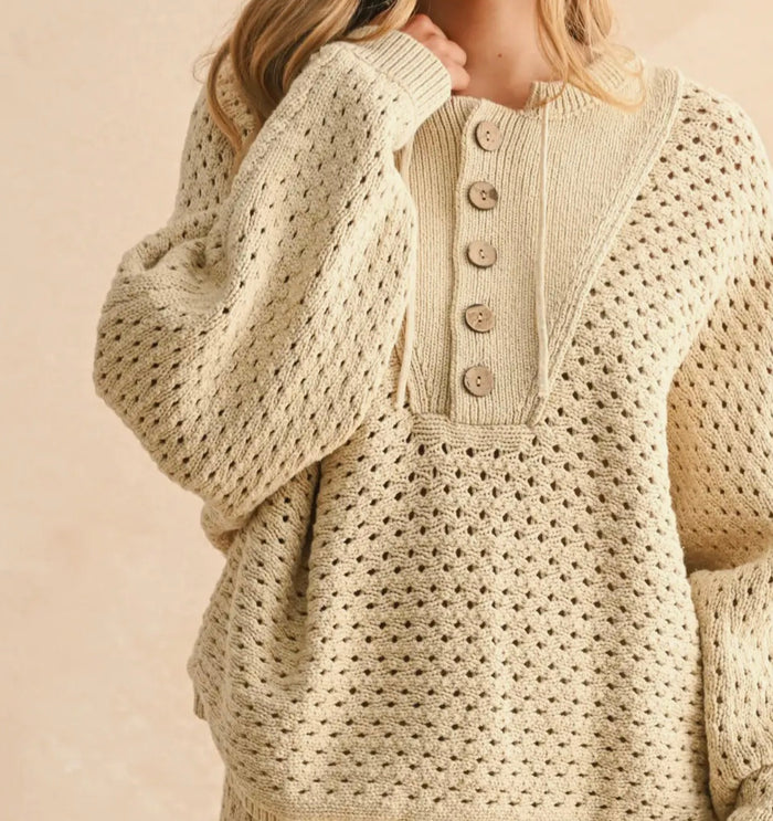 Half Button Front Crochet Knitted Pullover - Beige