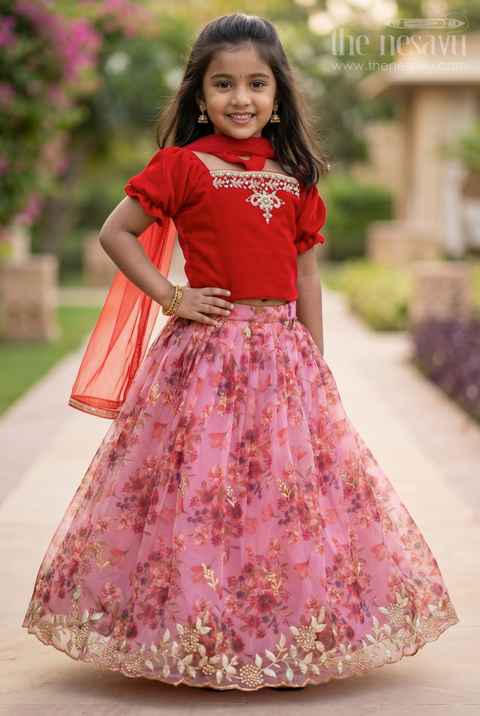 The Nesavu Girls Lehenga Choli Hand Embroidered Pink Crop Top and Digital Printed Lehenga for Little Girls Nesavu 16 (1Y) / Red / Organza GL311-16 Girls Festive Wear Ideas 2023 | The Nesavu