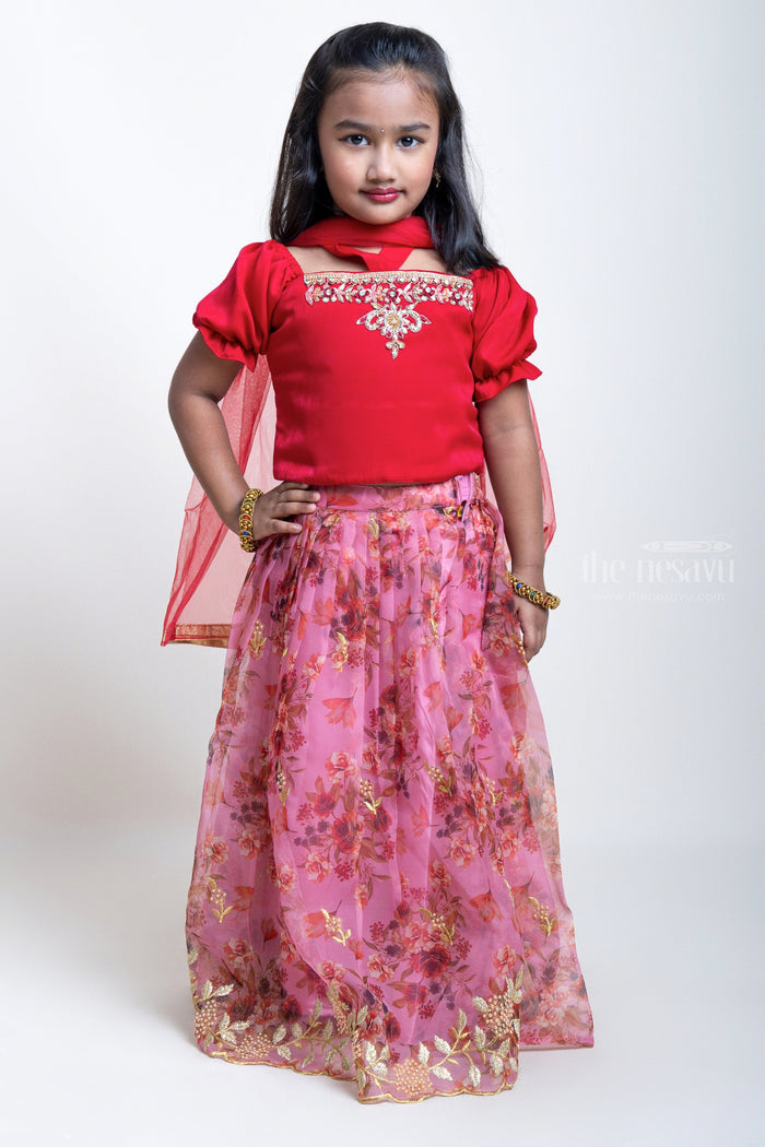 The Nesavu Lehenga & Ghagra Hand Embroidered Pink Crop Top And Digital Printed Lehenga For Little Girls psr silks Nesavu 16 (1Y) / Red / Organza GL311