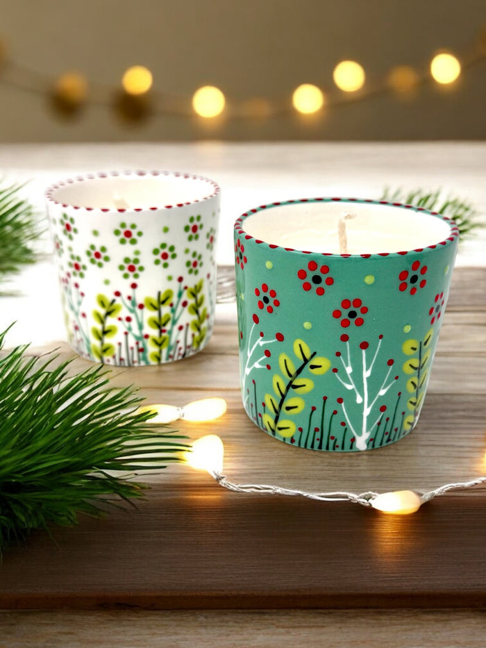 Hand-Painted Ceramic Holiday Candle – Spiced Cookie Scent