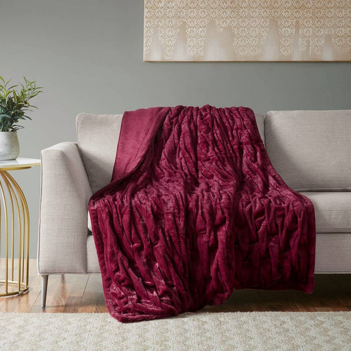 Hand Ruched Pattern 50x60" Faux Fur Throw Blanket, Red