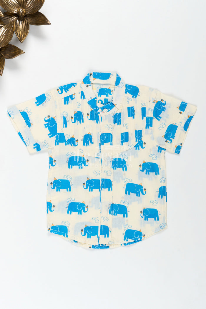 The Nesavu Boys Cotton Shirt Handcrafted Blue Elephant Print Shirt for Boys in Cream Cotton Nesavu 16 (1Y) / Blue BS275C-16 Nesavu Handcrafted Cotton Shirt Boys Blue Elephant Motifs Comfortable Everyday Fit