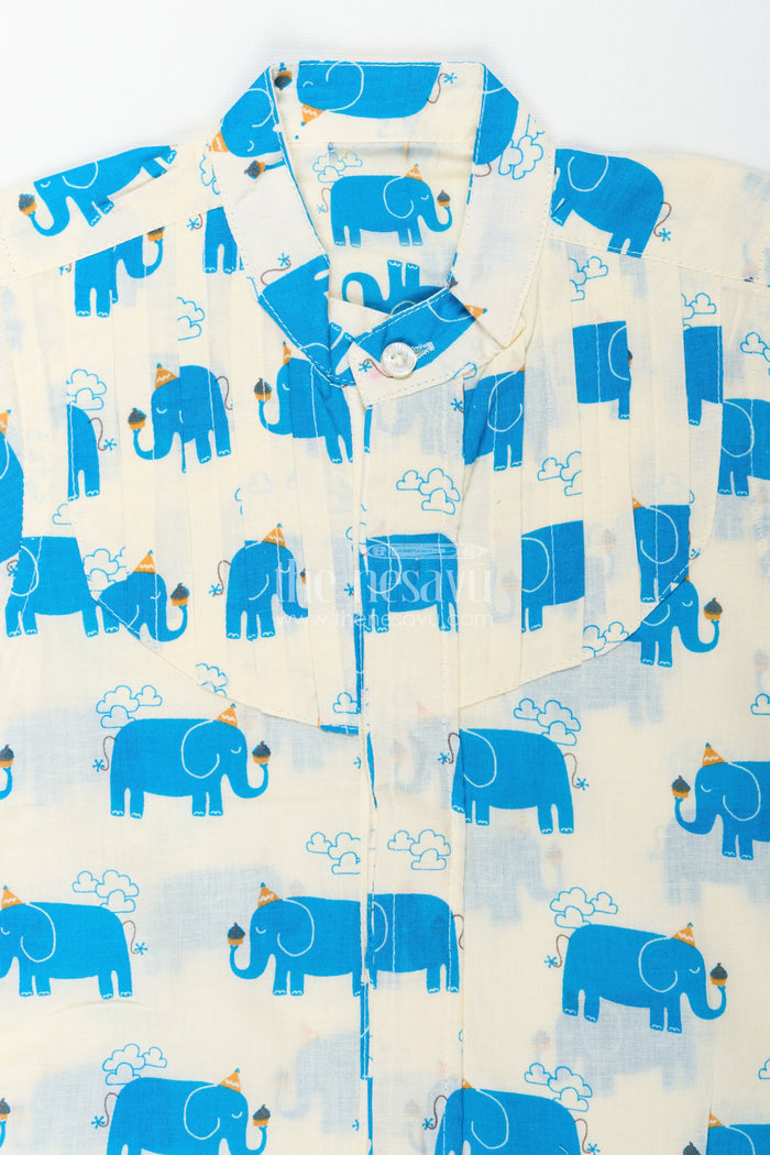 The Nesavu Boys Cotton Shirt Handcrafted Blue Elephant Print Shirt for Boys in Cream Cotton Nesavu Nesavu Handcrafted Cotton Shirt Boys Blue Elephant Motifs Comfortable Everyday Fit