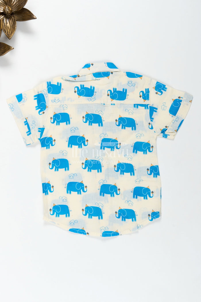 The Nesavu Boys Cotton Shirt Handcrafted Blue Elephant Print Shirt for Boys in Cream Cotton Nesavu Nesavu Handcrafted Cotton Shirt Boys Blue Elephant Motifs Comfortable Everyday Fit