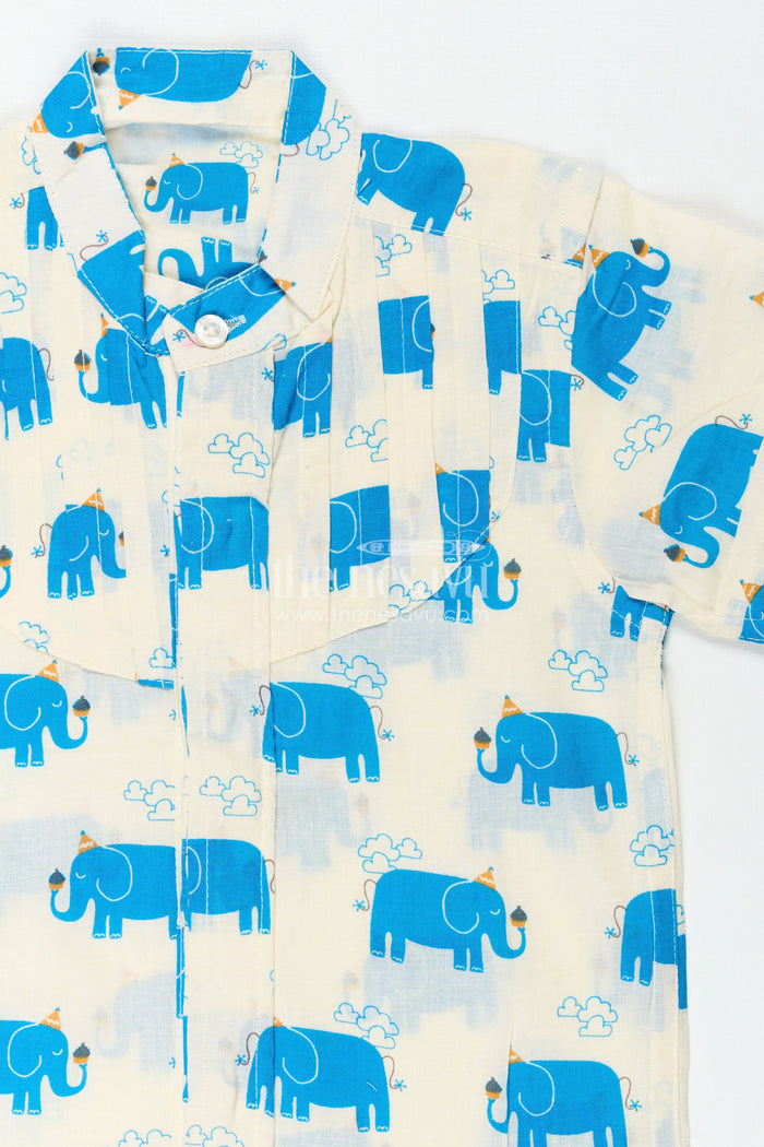 The Nesavu Boys Cotton Shirt Handcrafted Blue Elephant Print Shirt for Boys in Cream Cotton Nesavu Nesavu Handcrafted Cotton Shirt Boys Blue Elephant Motifs Comfortable Everyday Fit