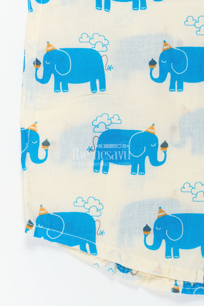 The Nesavu Boys Cotton Shirt Handcrafted Blue Elephant Print Shirt for Boys in Cream Cotton Nesavu Nesavu Handcrafted Cotton Shirt Boys Blue Elephant Motifs Comfortable Everyday Fit