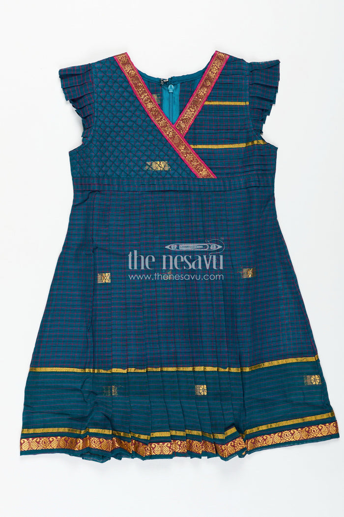 The Nesavu Girls Cotton Frock Handwoven Silk Frock for Girls Elegant Heritage Outfit Nesavu Nesavu Girls Handwoven Frock Teal Mangalagiri Cotton Traditional Pleats Gold Zari