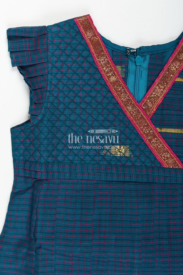 The Nesavu Girls Cotton Frock Handwoven Silk Frock for Girls Elegant Heritage Outfit Nesavu Nesavu Girls Handwoven Frock Teal Mangalagiri Cotton Traditional Pleats Gold Zari