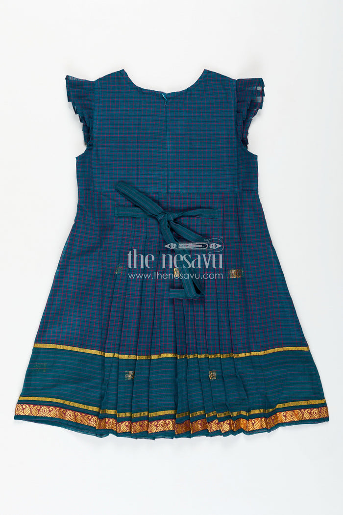 The Nesavu Girls Cotton Frock Handwoven Silk Frock for Girls Elegant Heritage Outfit Nesavu Nesavu Girls Handwoven Frock Teal Mangalagiri Cotton Traditional Pleats Gold Zari