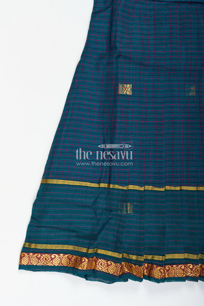 The Nesavu Girls Cotton Frock Handwoven Silk Frock for Girls Elegant Heritage Outfit Nesavu Nesavu Girls Handwoven Frock Teal Mangalagiri Cotton Traditional Pleats Gold Zari
