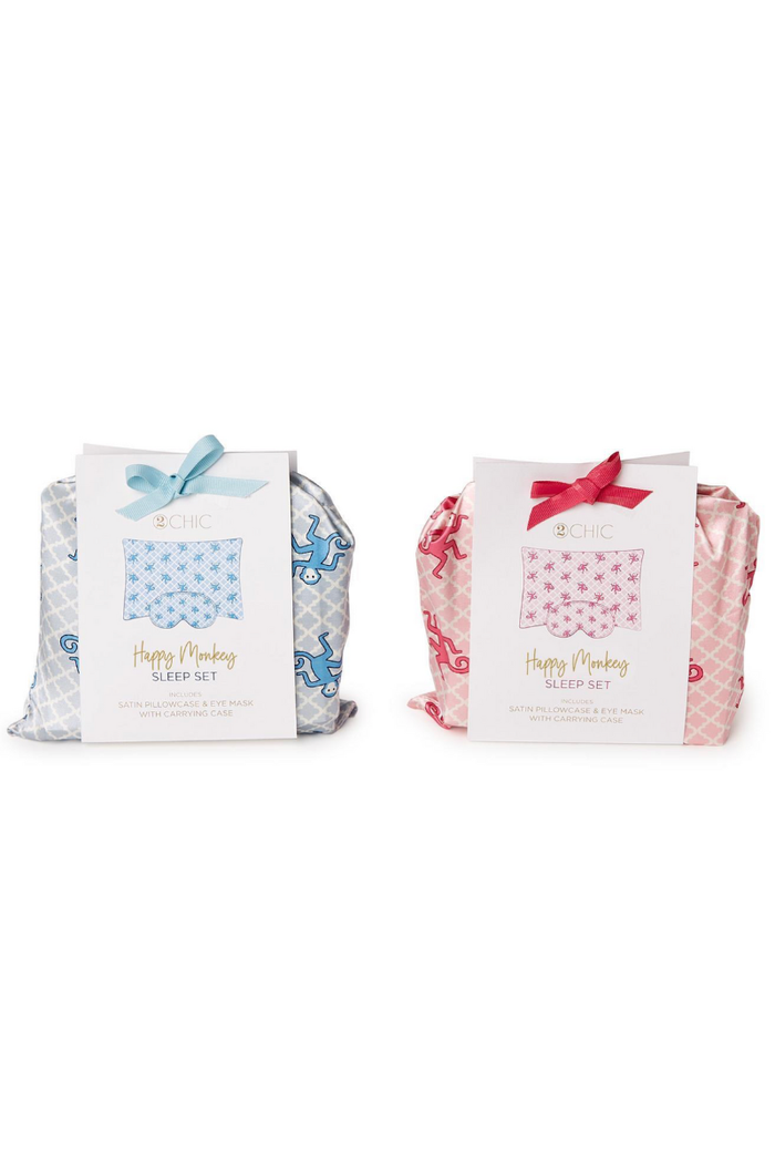 Happy Monkey Satin Pillowcase and Eye Mask Set