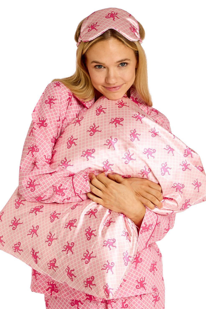 Happy Monkey Satin Pillowcase and Eye Mask Set