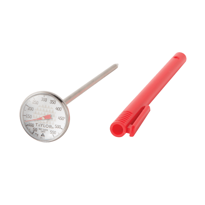 High temperature instant read thermometer with long stainless steel probe and red protective sheath