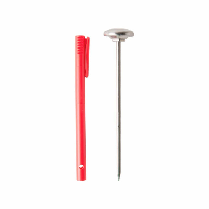 Red plastic thermometer handle with ridged end paired with stainless probe