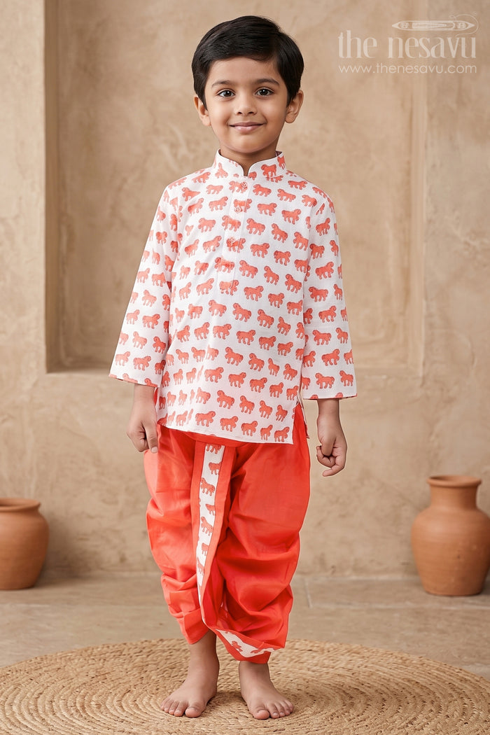 The Nesavu Boys Dothi Set Horse Printed Peach Pink Soft Cotton Kurta Suit for Baby Boys Nesavu 12 (3M) / Red / Cotton BES218A-12 Latest Side Buttoned Kurta Suits | The Nesavu