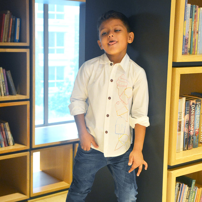 Ice Cream Embroidered Shirt - White (1-14 Years)