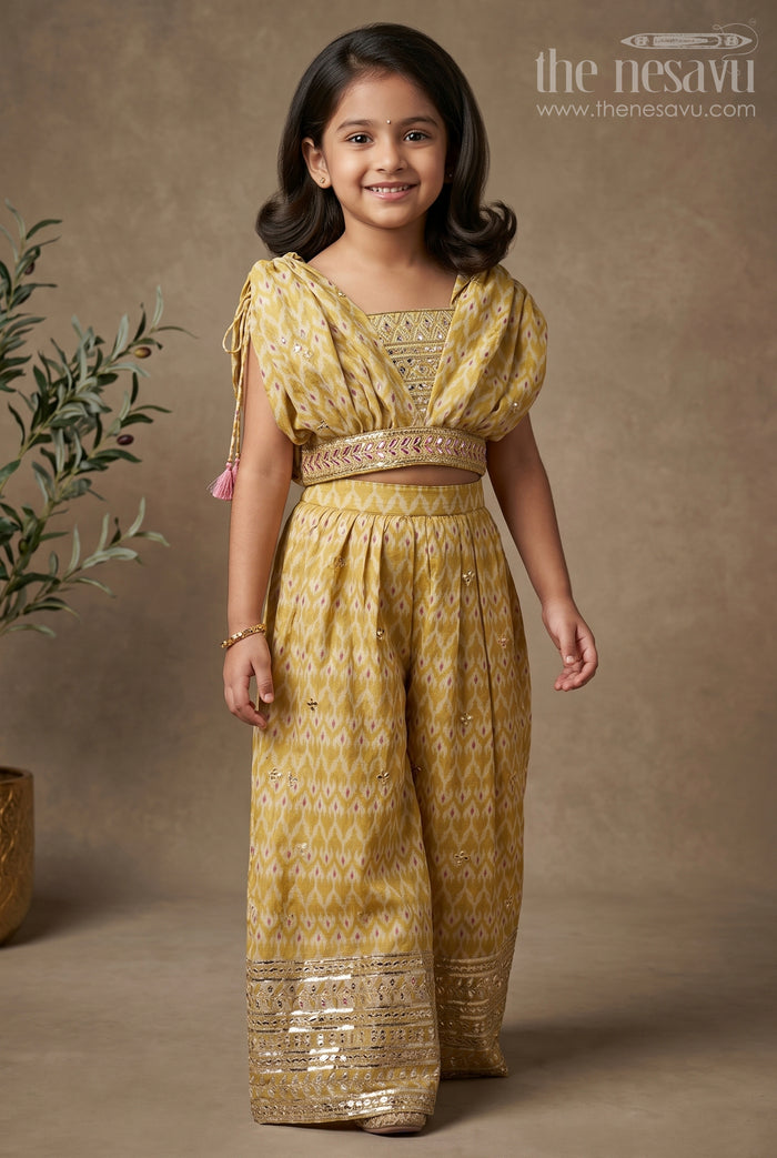 The Nesavu Girls Sharara / Plazo Set Ikat Printed Palazzo Set with Embellished Cape for Girls Nesavu 24 (5Y) / Green / Viscose Chinnon GPS247A-24 Girls Festive Lemon Print Palazzo & Cape Set | The Nesavu