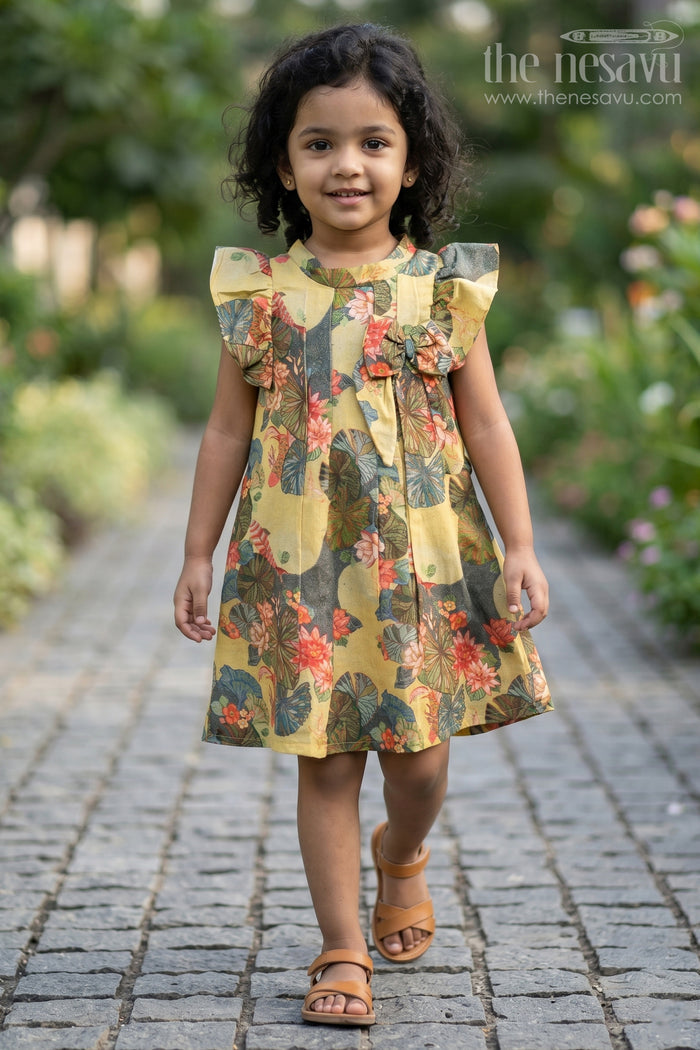 The Nesavu Girls Chanderi Frock Infants Yellow Viscose Silk Frock with Vibrant Floral Digital Print Perfect for Infant Party Dress Style Nesavu 18 (2Y) / Yellow GFC1688A-18 Infant Yellow Viscose Silk Party Dress Colorful Floral Digital Print Perfect Special Moments | The Nesavu