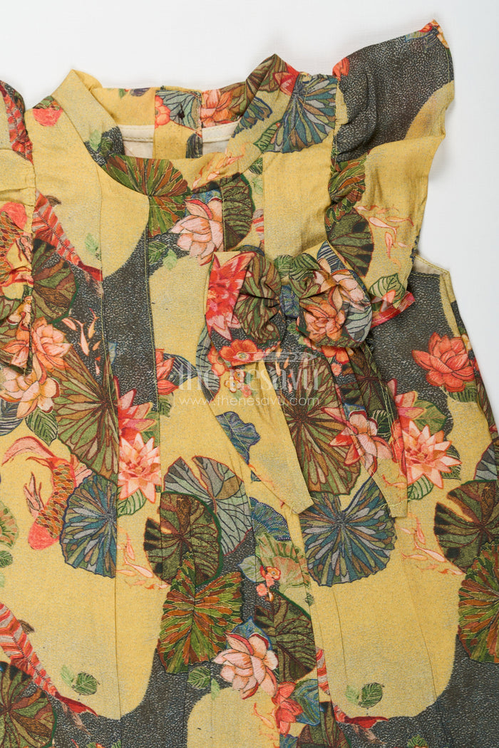The Nesavu Girls Chanderi Frock Infants Yellow Viscose Silk Frock with Vibrant Floral Digital Print Perfect for Infant Party Dress Style Nesavu Infant Yellow Viscose Silk Party Dress Colorful Floral Digital Print Perfect Special Moments | The Nesavu