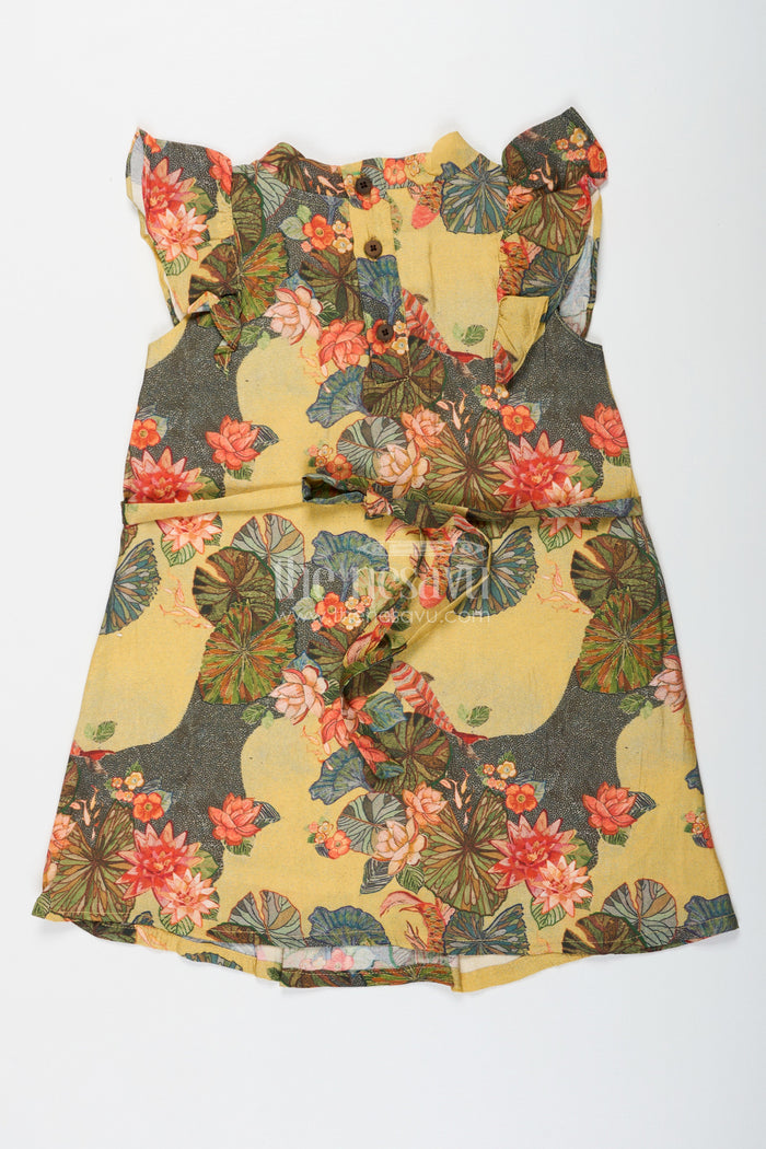 The Nesavu Girls Chanderi Frock Infants Yellow Viscose Silk Frock with Vibrant Floral Digital Print Perfect for Infant Party Dress Style Nesavu Infant Yellow Viscose Silk Party Dress Colorful Floral Digital Print Perfect Special Moments | The Nesavu