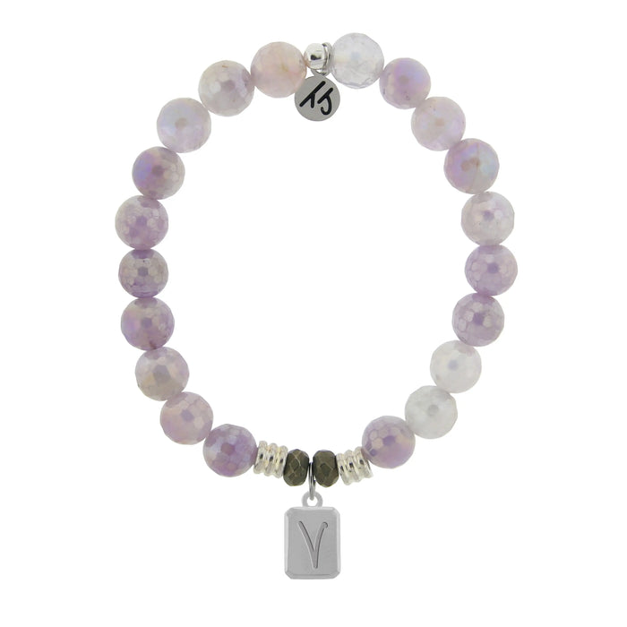 Initially Your's Mauve Jade Stone Bracelet with Letter V Sterling Silver Charm