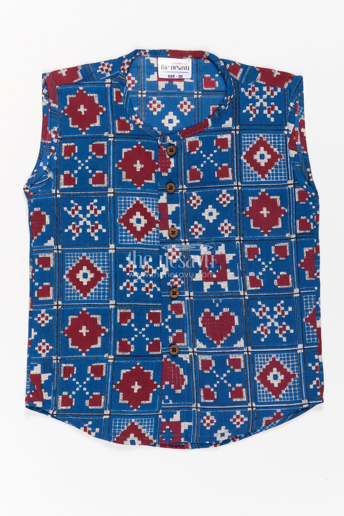 The Nesavu Baby Jablas Jabla Online Sleeveless Baby Shirt with Blue and Red Geometric Digital Prints for Boys Nesavu 10 (NB) / Blue IF036A-10 Jabla Online Cotton Sleeveless Baby Shirt Red Blue Geometric Digital Print | The Nesavu