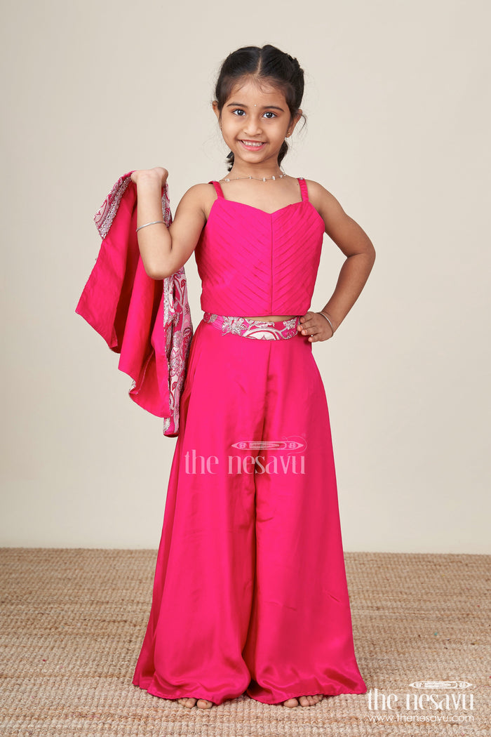 The Nesavu Girls Sharara / Plazo Set Jacket-Style Girls Sharara Set with Embroidered Detailing for Festive Layering Nesavu Nesavu layered sharara set girls embroidered jacket pleated top