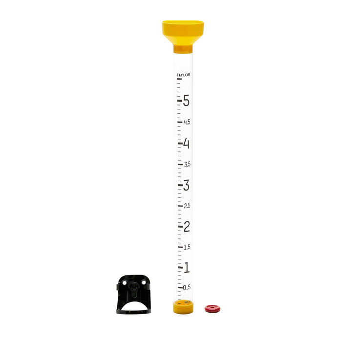 Jumbo 5 inch rain gauge with yellow cap clear tube and mounting bracket with black and red parts