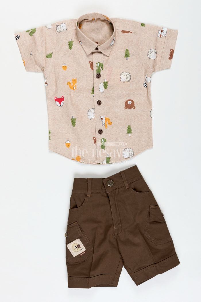 The Nesavu Boys Casual Set Jungle Print Shirt and Cargo Shorts Set for Toddler Boys Nesavu Nesavu Jungle Animal Print Toddler Shirt Brown Cargo Shorts Set Soft Cotton Fabric