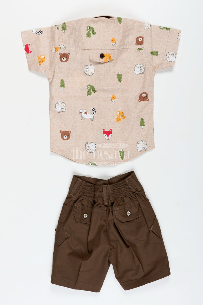 The Nesavu Boys Casual Set Jungle Print Shirt and Cargo Shorts Set for Toddler Boys Nesavu Nesavu Jungle Animal Print Toddler Shirt Brown Cargo Shorts Set Soft Cotton Fabric