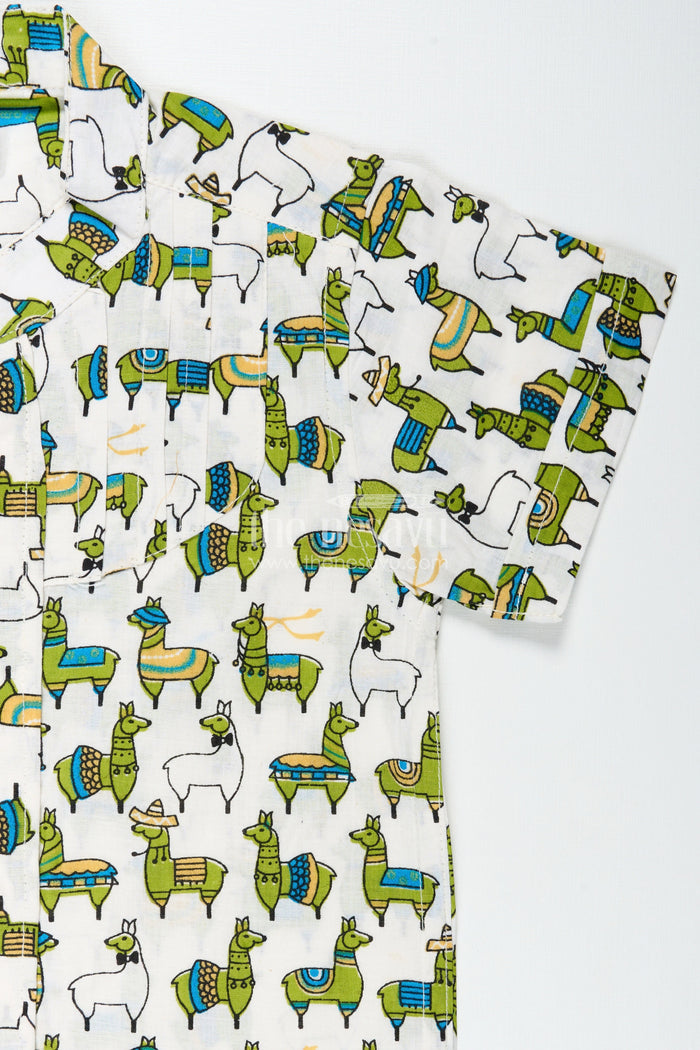 The Nesavu Boys Cotton Shirt Jungle Theme Animal Print Shirt for Boys Lightweight Summer Wear Nesavu Nesavu Cotton Summer Shirt Boys Leafy Jungle Theme Playful Green Animal Digital Print