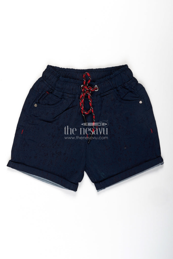 The Nesavu Boys Shorts Junior Boxer Shorts for Boys in Navy Cotton with Drawstring and Rolled Hems for a Sporty Look Nesavu Junior Boxer Shorts Boys Navy Cotton Red Drawstring Rolled Hem Design | The Nesavu