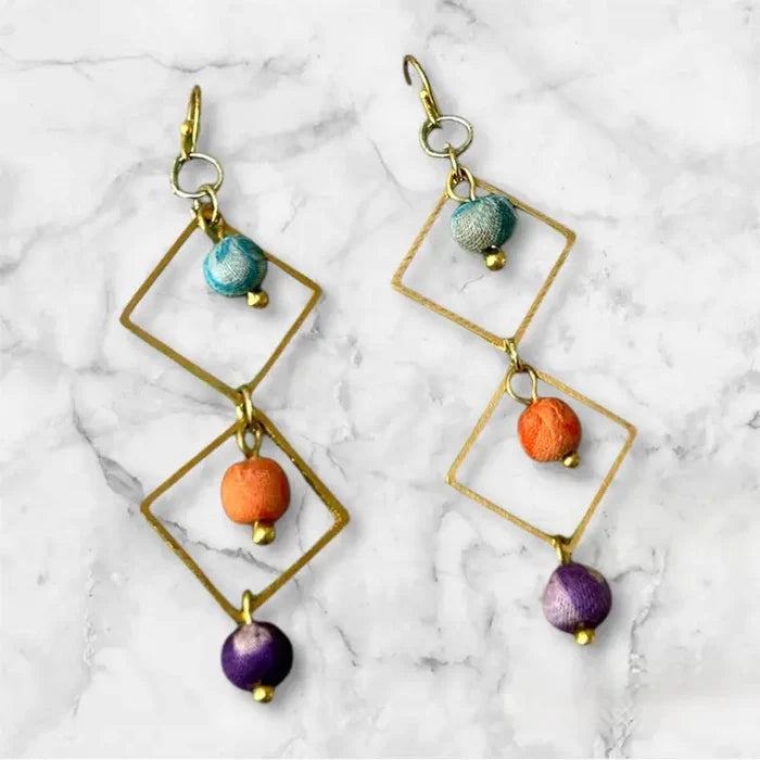 Kantha Geometric Drop Earrings