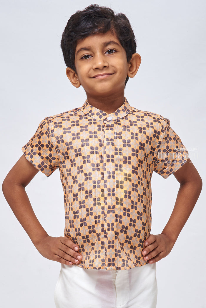 The Nesavu Boys Linen Shirt Karaikudi Chettinad Tile Inspires Print Boys Linen Shirt for a Free-Spirited Look Nesavu 14 (6M) / Yellow / Linen BS072-14 Tile-Inspired Printed Boys Linen Shirt | Kids Printed Shirt | The Nesavu