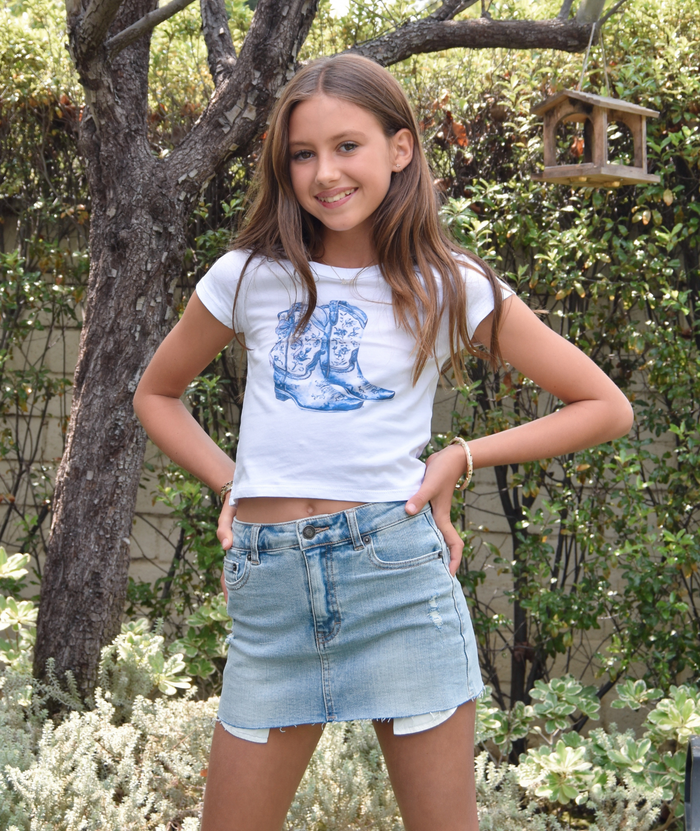 Katie J NYC Girls Blue Bow Boots Tee Girls Casual Tops Katie J NYC