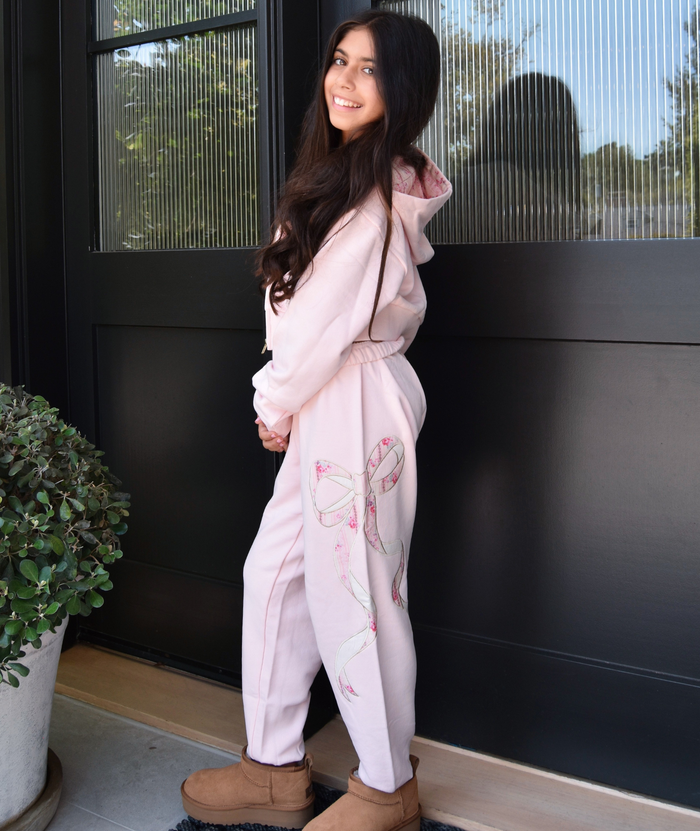Katie J NYC Girls Dylan Bow Crop Zip Hoodie Pale Pink/Rose Floral Girls Casual Tops Katie J NYC
